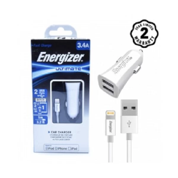 Sạc ô tô Energizer LW 3.4A 2USB + Lightning Cable - Chính hãng